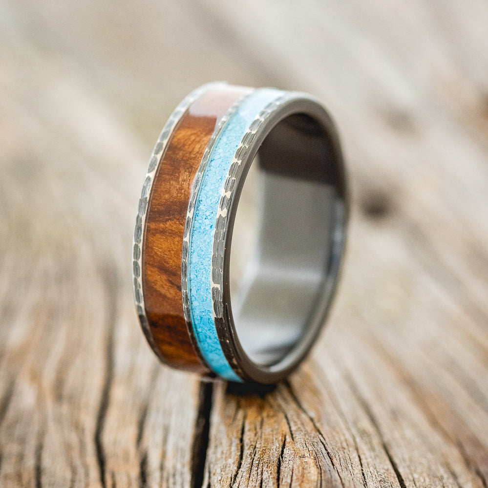 "RAPTOR" - REDWOOD & TURQUOISE WEDDING RING FEATURING A HAMMERED BAND-4