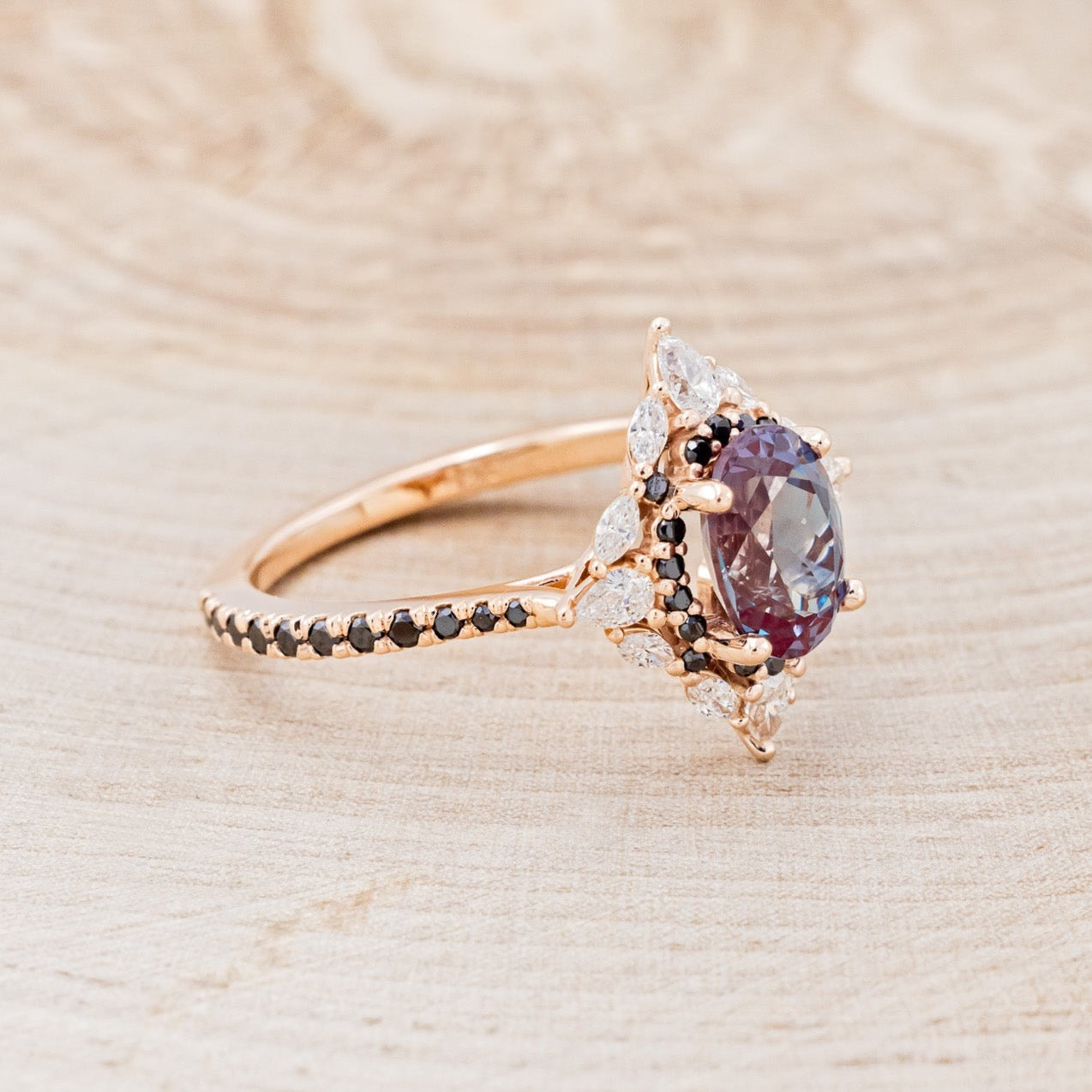 "NORTH STAR" - OVAL LAB-GROWN ALEXANDRITE ENGAGEMENT RING WITH DIAMOND HALO & BLACK DIAMOND ACCENTS-2