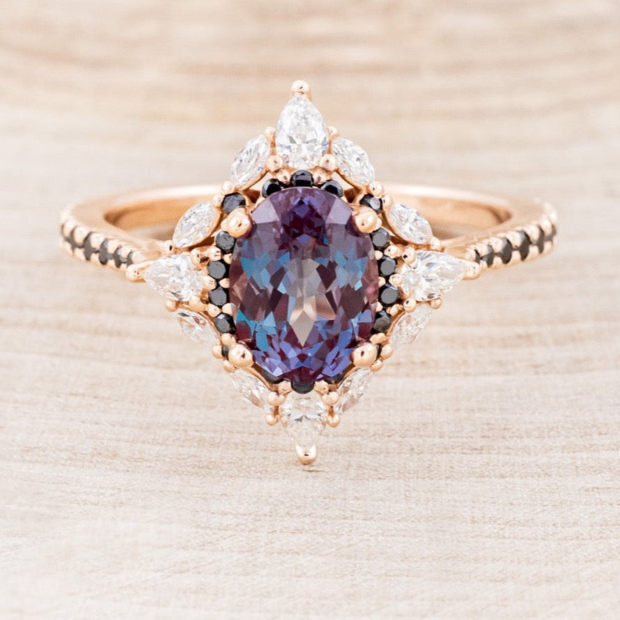 "NORTH STAR" - OVAL LAB-GROWN ALEXANDRITE ENGAGEMENT RING WITH DIAMOND HALO & BLACK DIAMOND ACCENTS-4