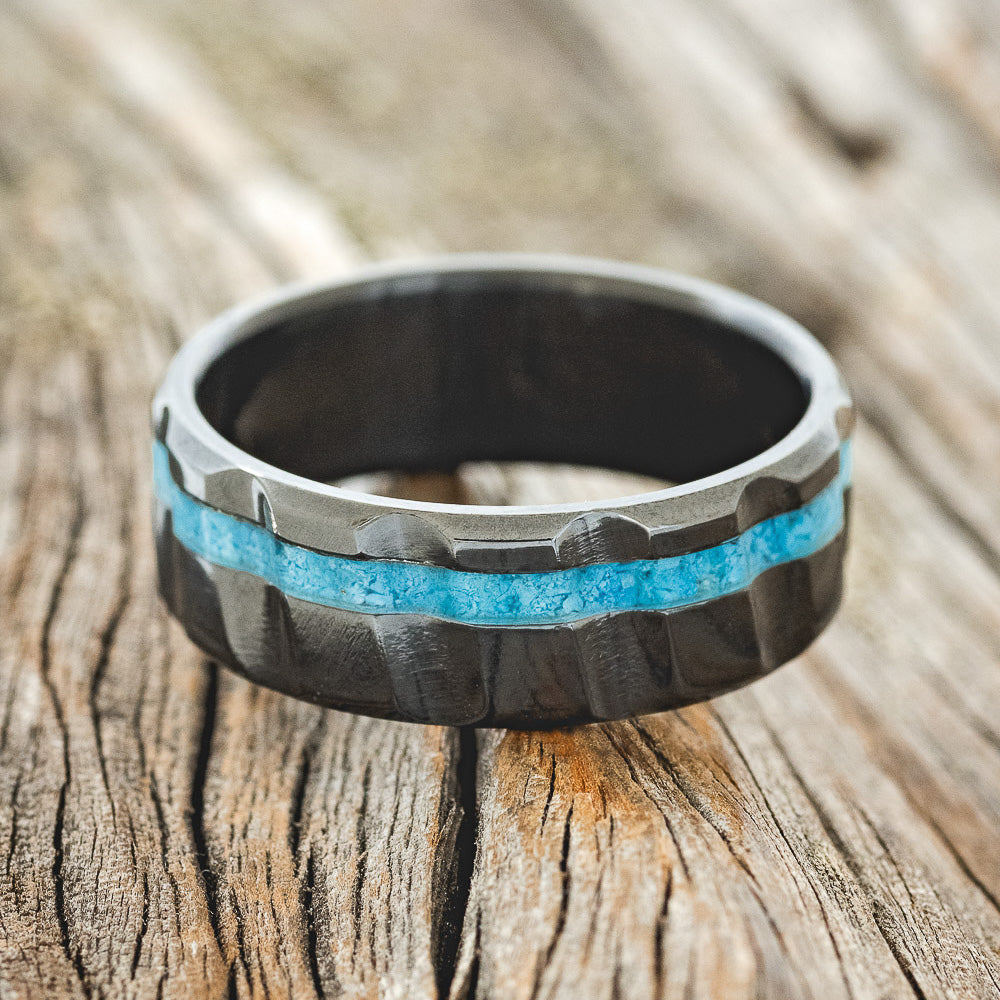 "VERTIGO" - TURQUOISE WEDDING RING FEATURING A DIAGONAL FLUTED BLACK ZIRCONIUM BAND-3