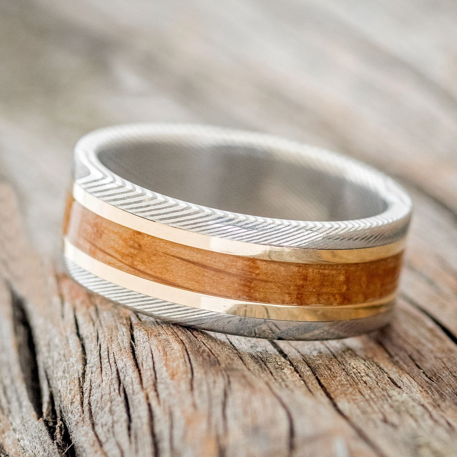 "KALDER" - WHISKEY BARREL OAK & 14K GOLD INLAYS WEDDING RING-2