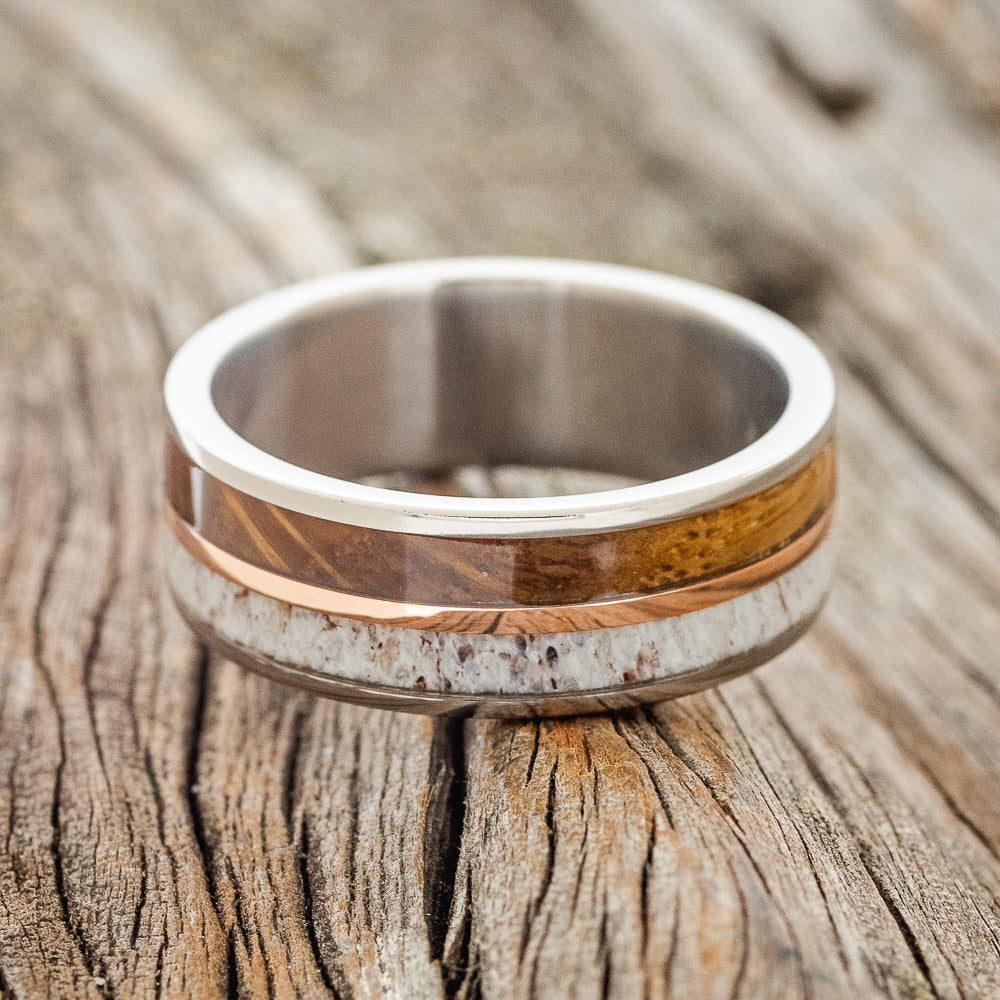 "DYAD" - WHISKEY BARREL OAK, ANTLER & 14K GOLD INLAY WEDDING BAND-3