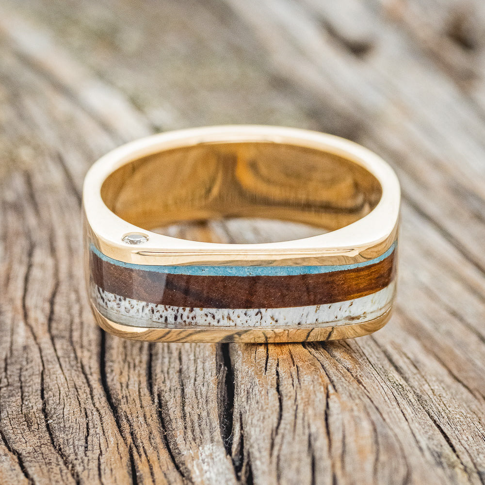"MESA" - TURQUOISE, IRONWOOD & ANTLER WITH A SIDE SET DIAMOND WEDDING BAND-3