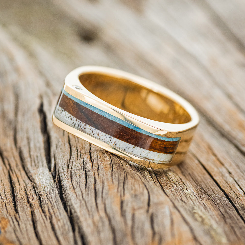 "MESA" - TURQUOISE, IRONWOOD & ANTLER WITH A SIDE SET DIAMOND WEDDING BAND-2