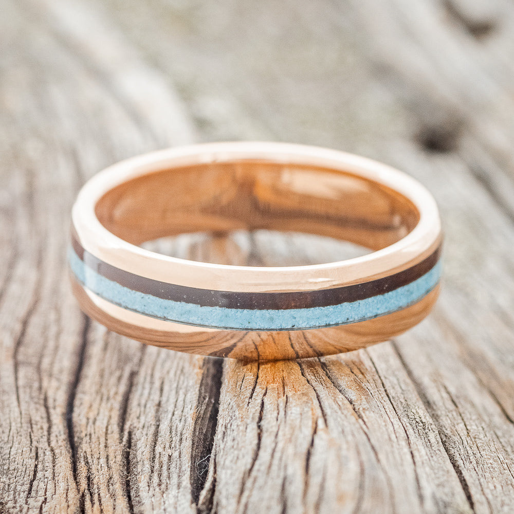 "CASTOR" - IRONWOOD & TURQUOISE WEDDING RING FEATURING A 14K GOLD BAND-3