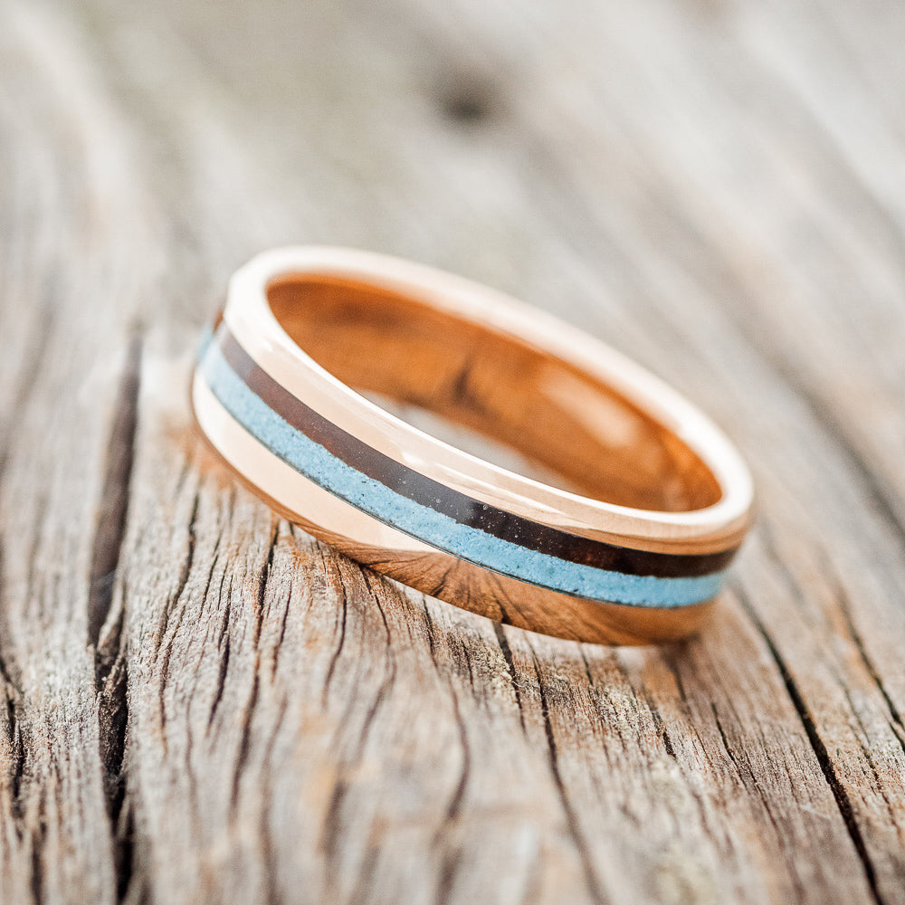 "CASTOR" - MATCHING SET OF IRONWOOD & TURQUOISE WEDDING RINGS FEATURING 14K GOLD BANDS-3