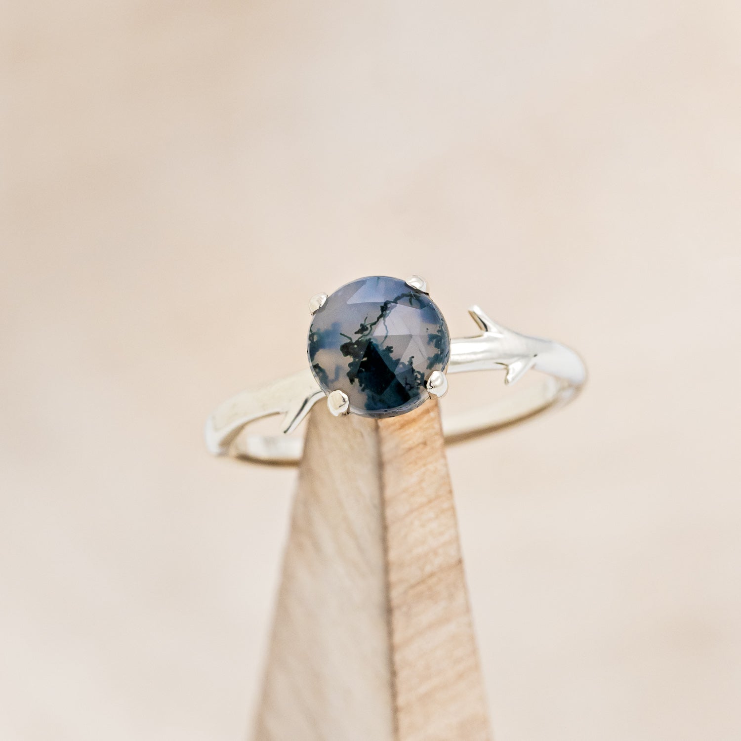 "ARTEMIS" - ROUND MOSS AGATE ENGAGEMENT RING WITH AN ANTLER-STYLE STACKING BAND-3