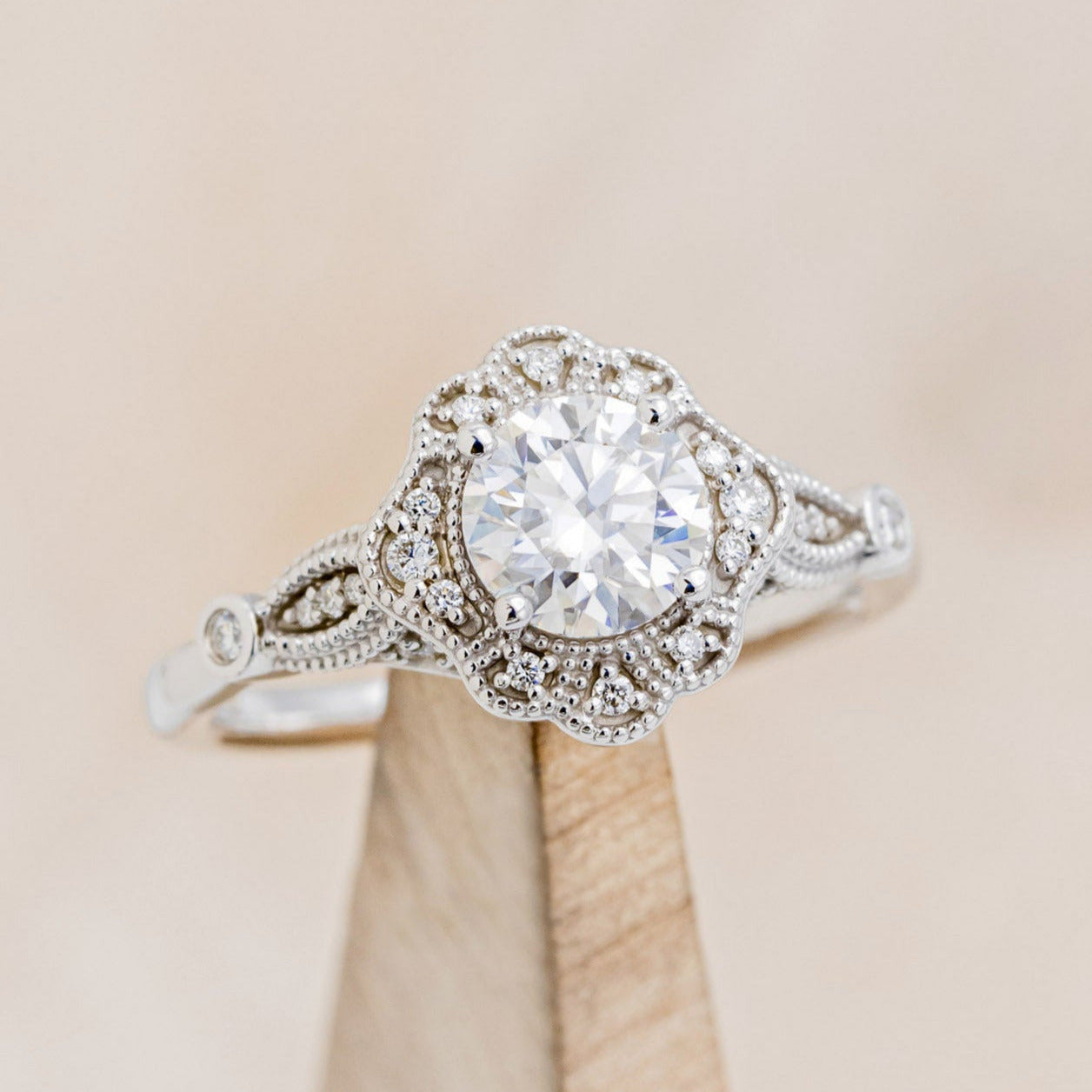"EILEEN" - ROUND CUT MOISSANITE ENGAGEMENT RING WITH DIAMOND ACCENTS & TRACER-7