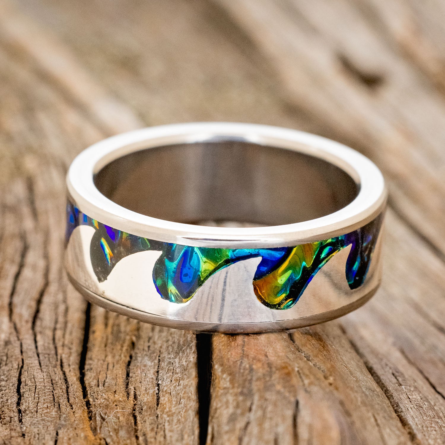 "POSEIDON" - BLACK SEA DICHROLAM & SILVER WAVES WEDDING BAND-3