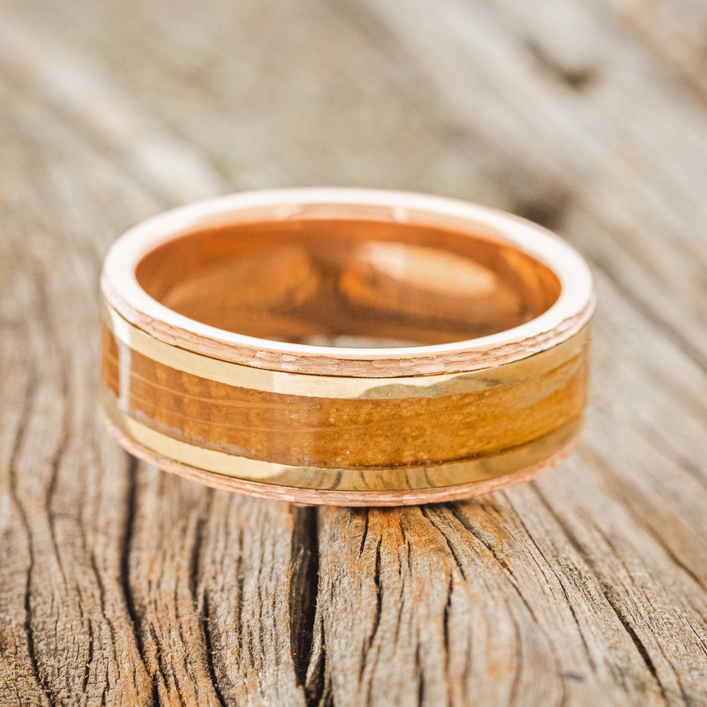 "HOLLIS" - WHISKEY BARREL & 14K GOLD INLAYS WEDDING RING-6
