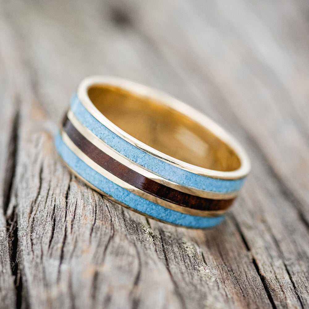 "RIO" - TURQUOISE & IRONWOOD WEDDING RING FEATURING A 14K GOLD BAND-2