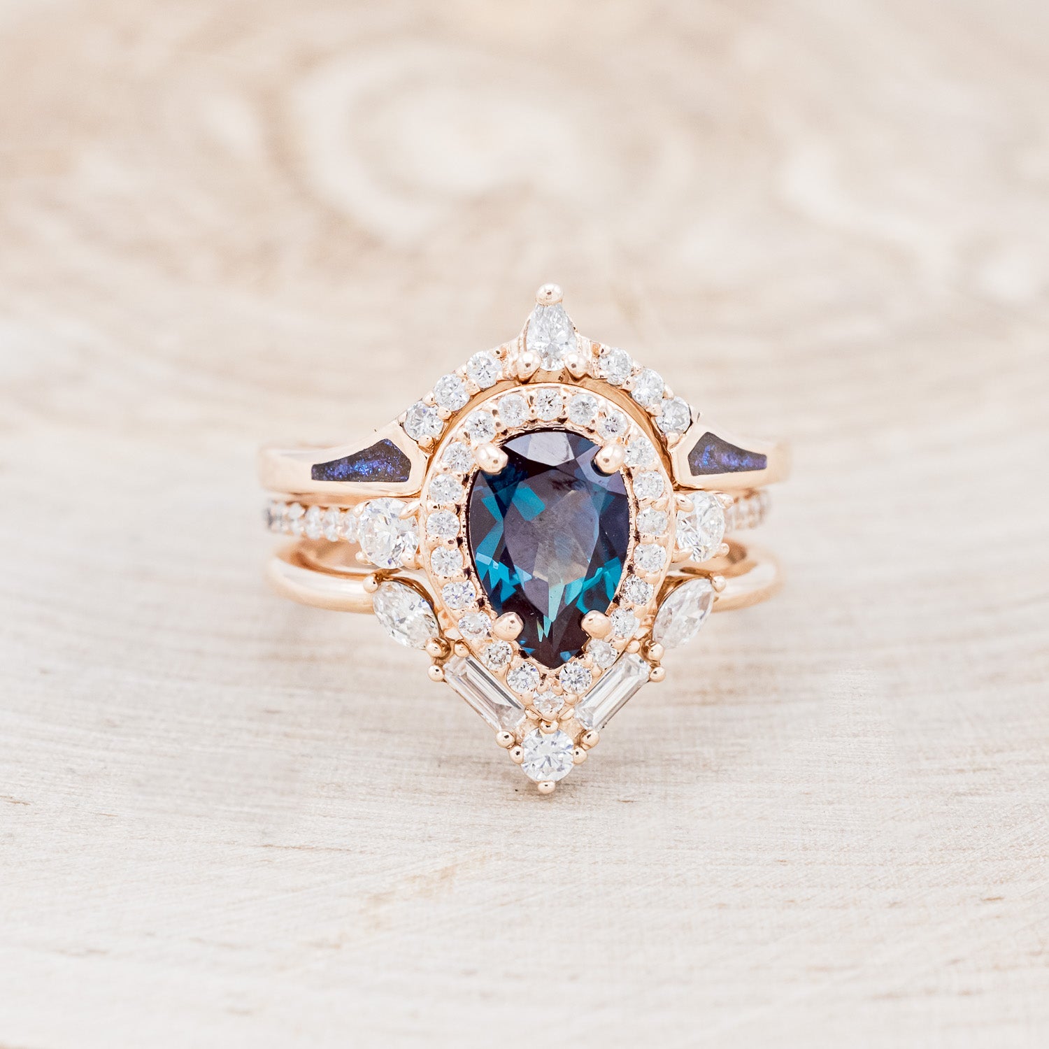 "KB" - BRIDAL SUITE - PEAR SHAPED LAB-GROWN ALEXANDRITE ENGAGEMENT RING WITH DIAMOND ACCENTS & TRACERS-4