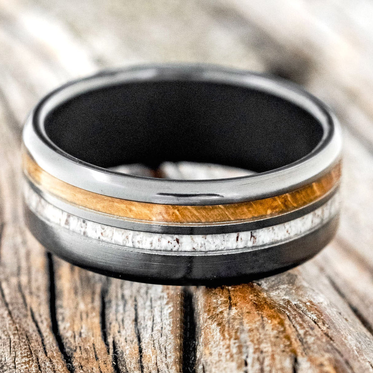 "COSMO" - WHISKEY BARREL OAK & ANTLER WEDDING BAND-6