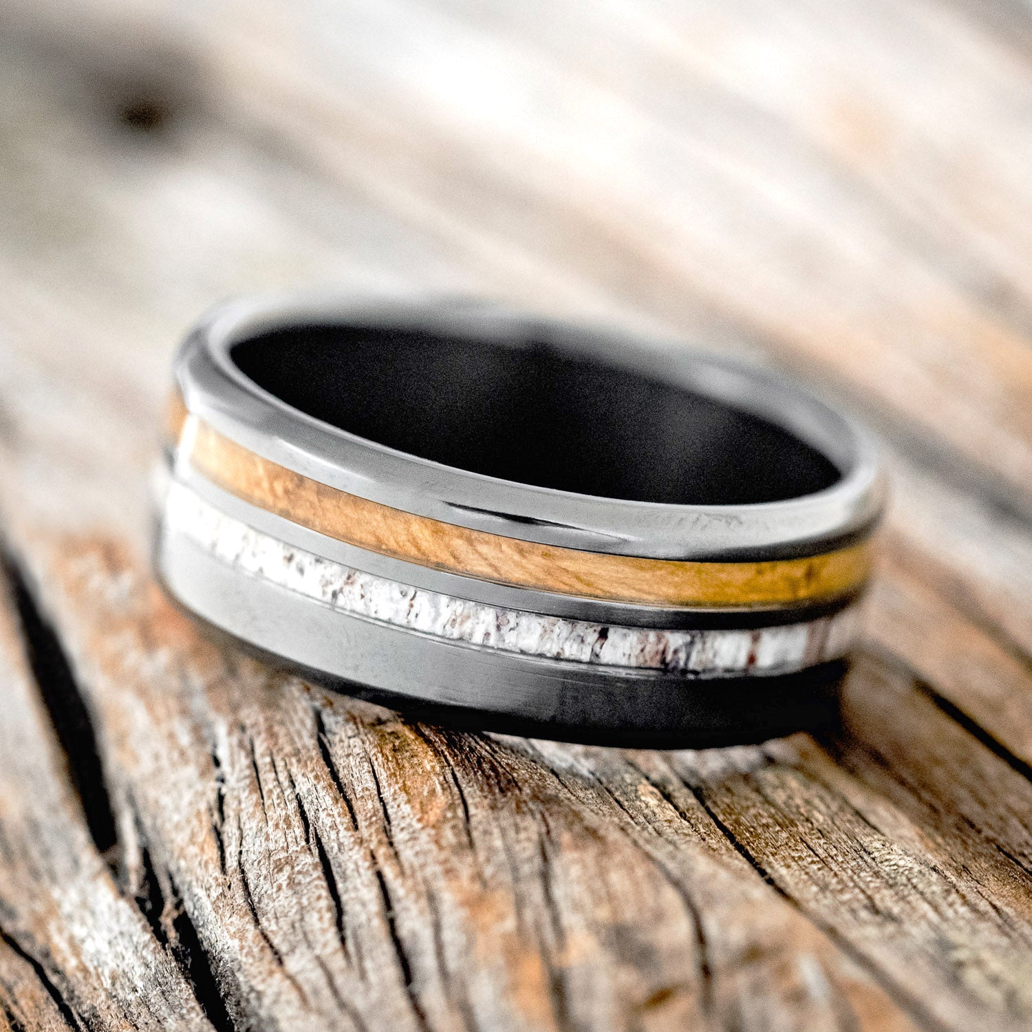 "COSMO" - WHISKEY BARREL OAK & ANTLER WEDDING BAND-5