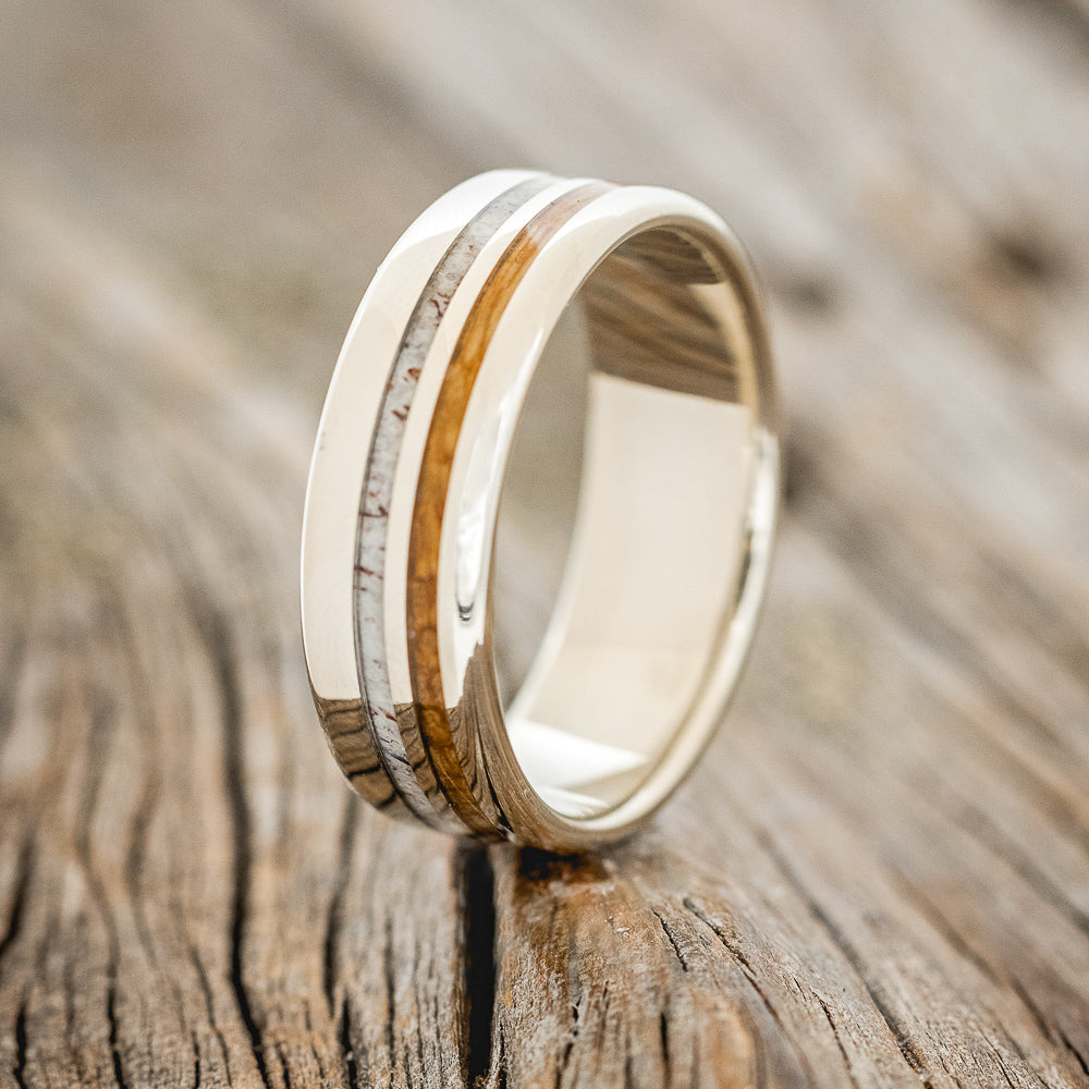 "COSMO" - WHISKEY BARREL OAK & ANTLER WEDDING BAND-7