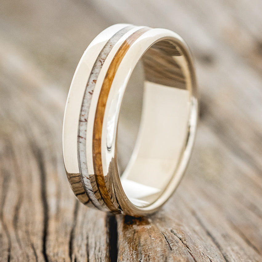 "COSMO" - WHISKEY BARREL OAK & ANTLER WEDDING BAND-7
