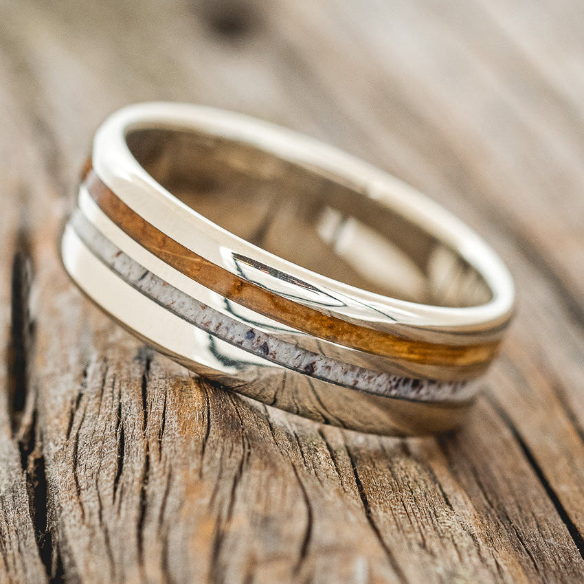 "COSMO" - WHISKEY BARREL OAK & ANTLER WEDDING BAND-8