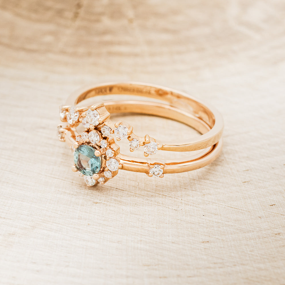 "STARLA" - BRIDAL SUITE - ROUND CUT DENIM MONTANA SAPPHIRE ENGAGEMENT RING WITH DIAMOND ACCENTS & "LEA" TRACERS-9