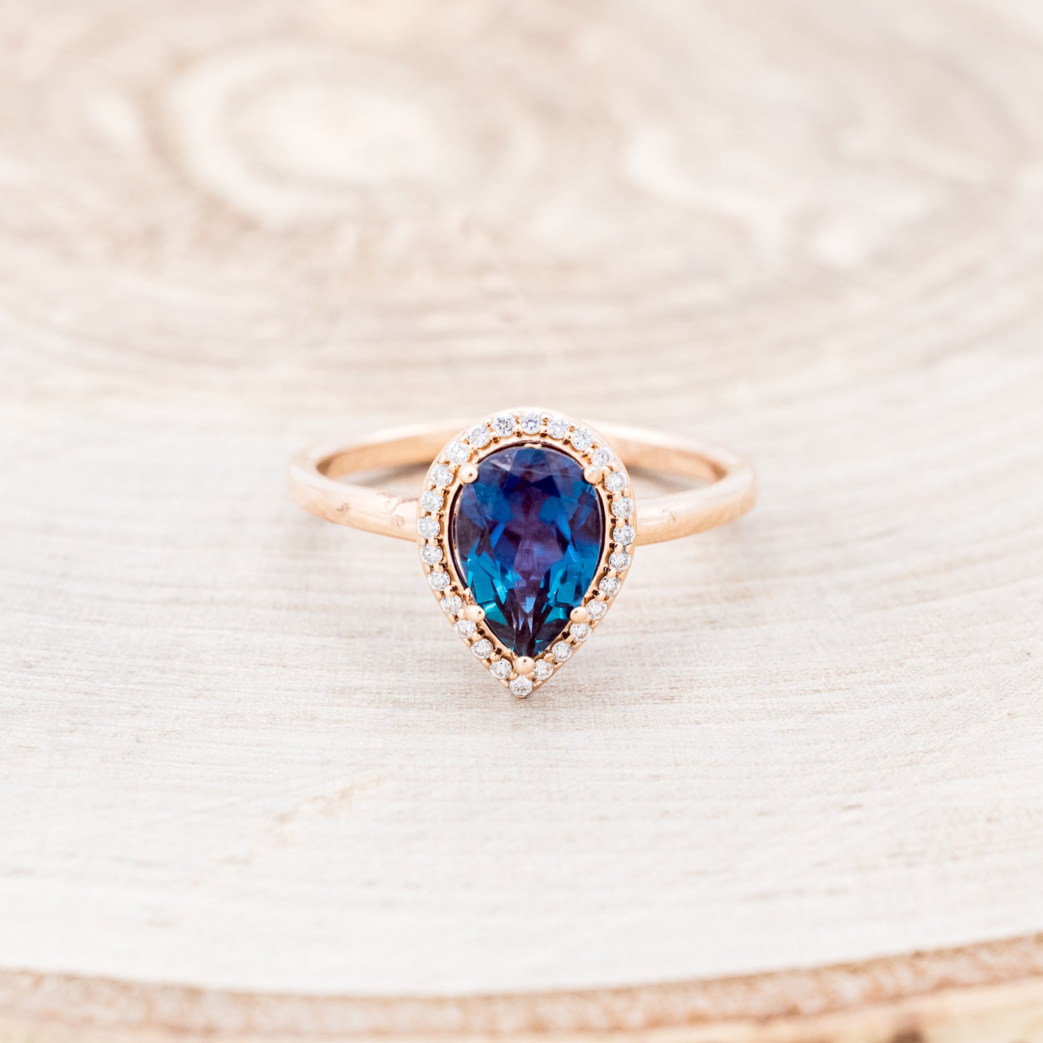 "CLARISS" - BRIDAL SUITE - PEAR SHAPED LAB-GROWN ALEXANDRITE ENGAGEMENT RING WITH DIAMOND HALO & TRACERS-10