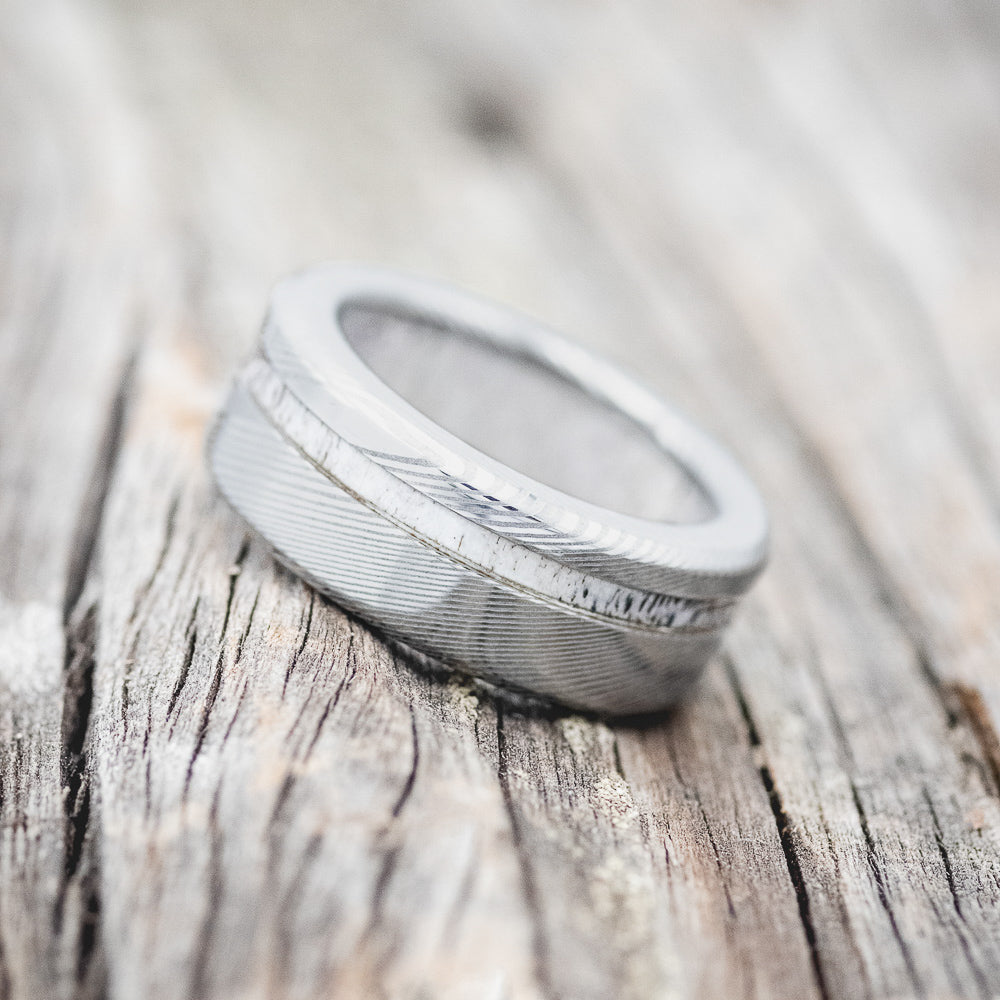 "VERTIGO" - ELK ANTLER WEDDING RING FEATURING AN ELK ANTLER LINED DAMASCUS STEEL BAND-3