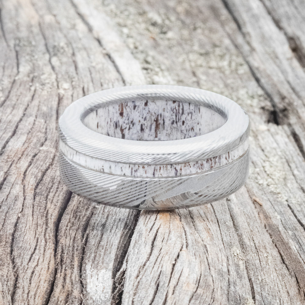 "VERTIGO" - ELK ANTLER WEDDING RING FEATURING AN ELK ANTLER LINED DAMASCUS STEEL BAND-4