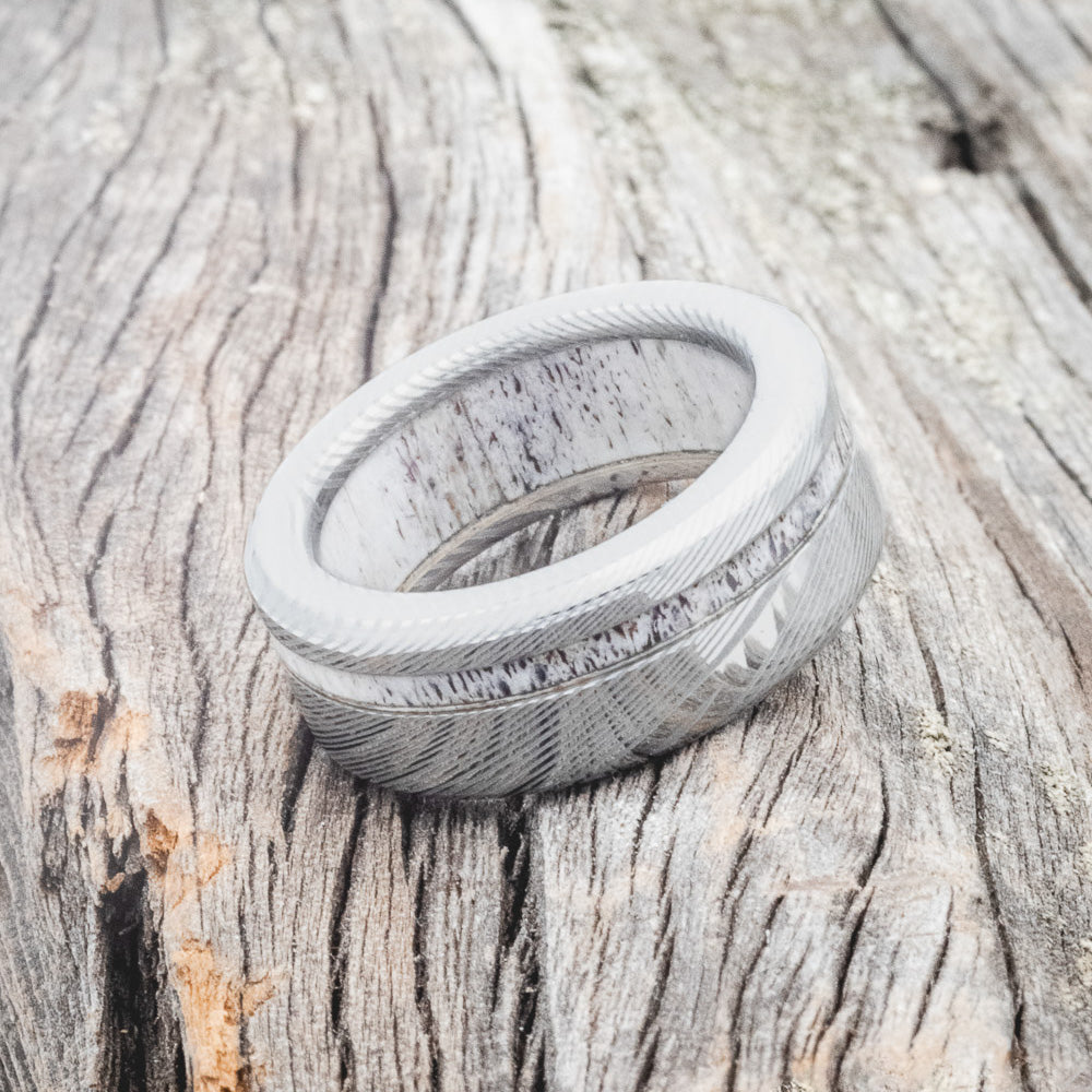 "VERTIGO" - ELK ANTLER WEDDING RING FEATURING AN ELK ANTLER LINED DAMASCUS STEEL BAND-2