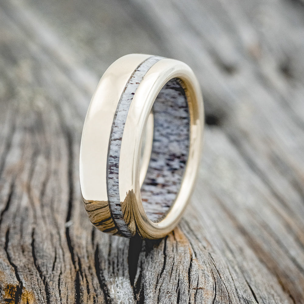 "VERTIGO" - ELK ANTLER WEDDING RING FEATURING AN ELK ANTLER LINED DAMASCUS STEEL BAND-5