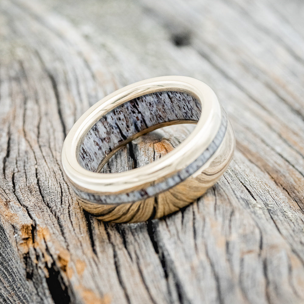 "VERTIGO" - ELK ANTLER WEDDING RING FEATURING AN ELK ANTLER LINED DAMASCUS STEEL BAND-7
