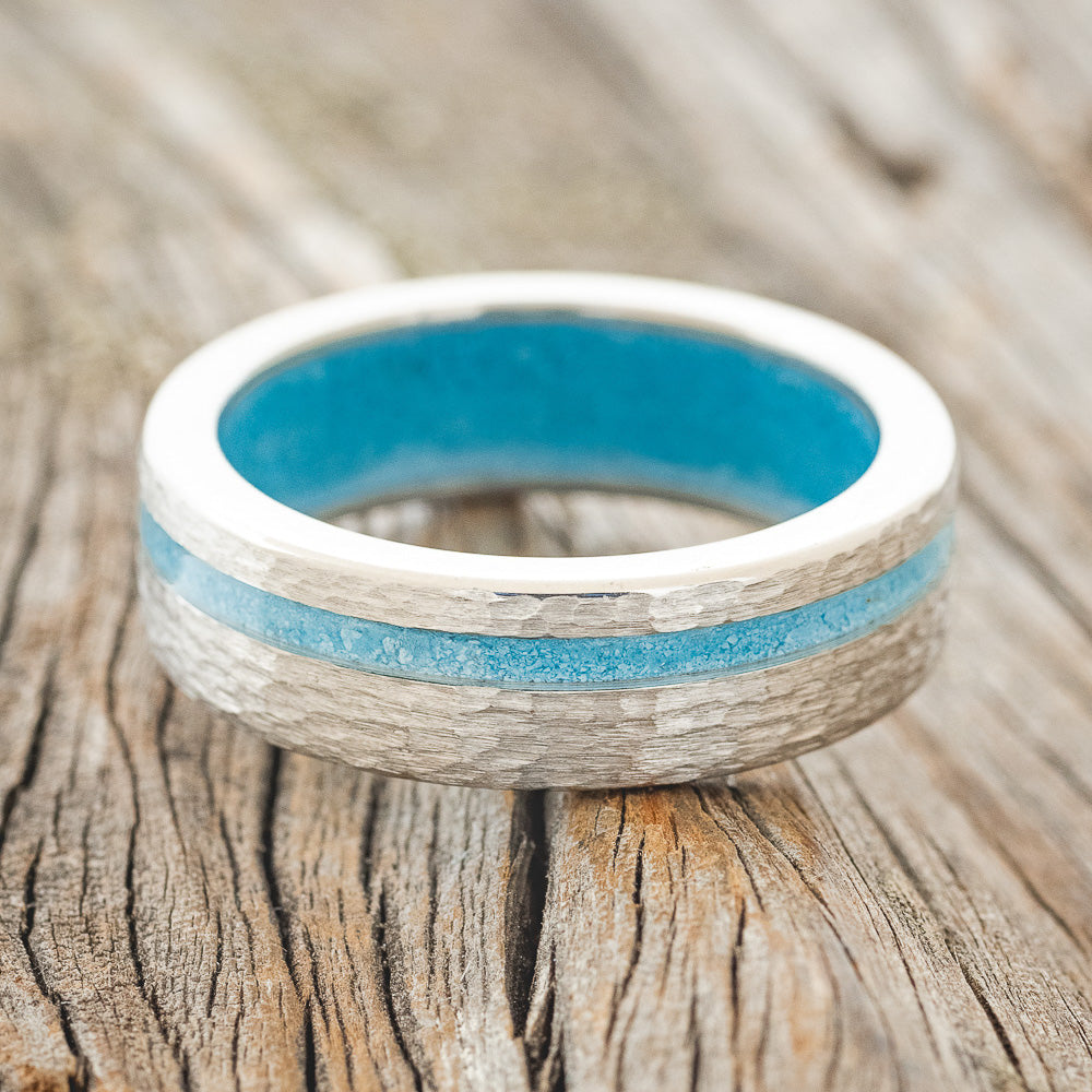 "VERTIGO" - TURQUOISE INLAY & LINED WEDDING BAND WITH A HAMMERED FINISH-5