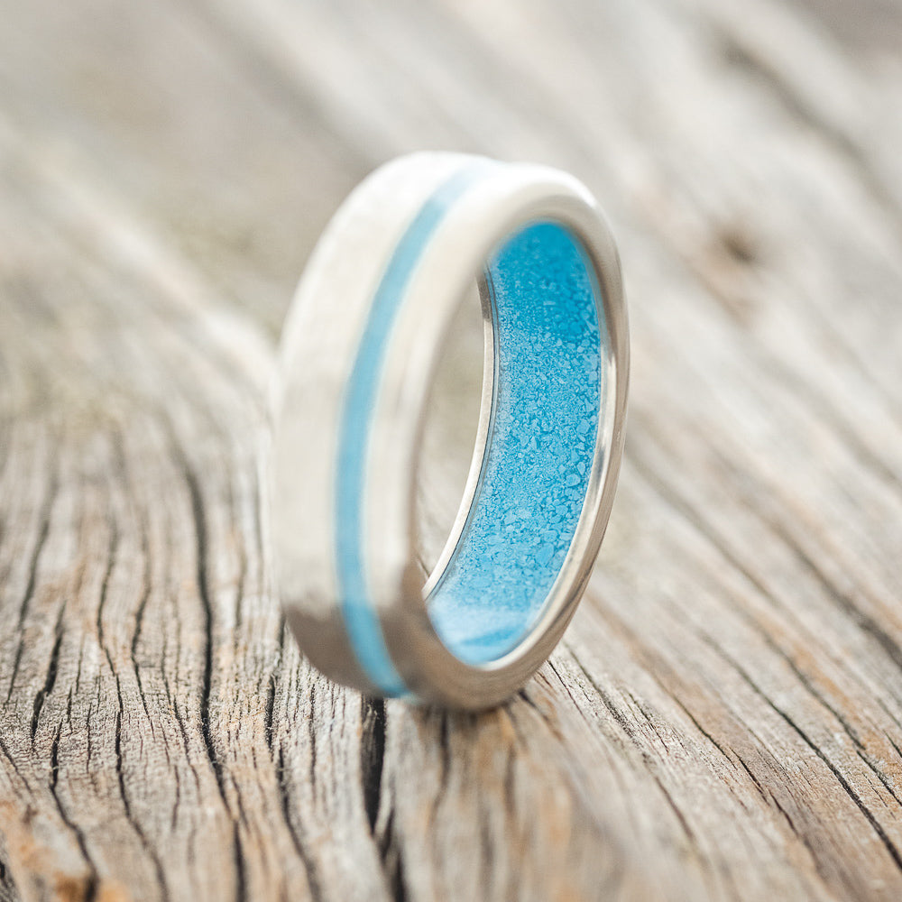 "VERTIGO" - TURQUOISE INLAY & LINED WEDDING BAND WITH A HAMMERED FINISH-2