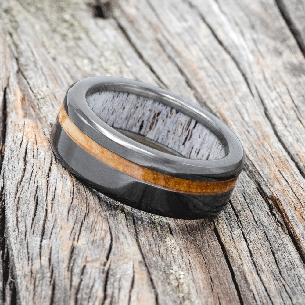 "VERTIGO" - WHISKEY BARREL OAK WEDDING RING FEATURING AN ANTLER LINED BLACK ZIRCONIUM BAND-4