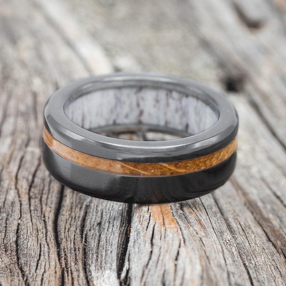 "VERTIGO" - WHISKEY BARREL OAK WEDDING RING FEATURING AN ANTLER LINED BLACK ZIRCONIUM BAND-7