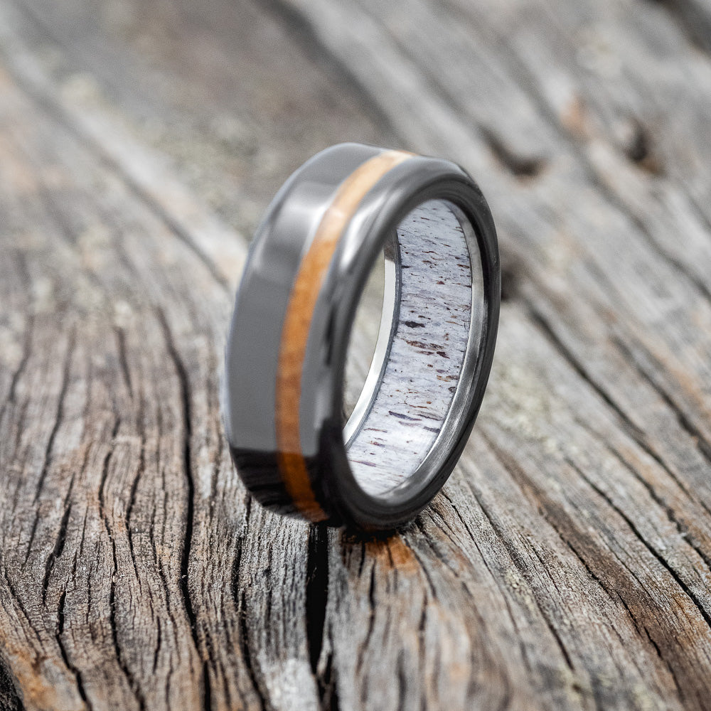 "VERTIGO" - WHISKEY BARREL OAK WEDDING RING FEATURING AN ANTLER LINED BLACK ZIRCONIUM BAND-2