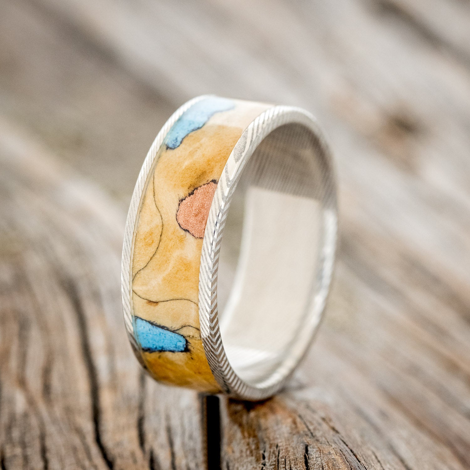 "RAINIER" - BUCKEYE BURL WOOD, COPPER & TURQUOISE WEDDING BAND-9