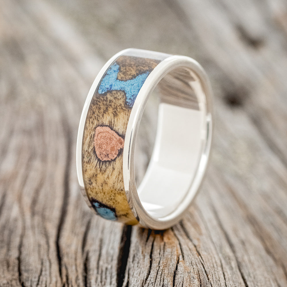 "RAINIER" - BUCKEYE BURL WOOD, COPPER & TURQUOISE WEDDING BAND-6