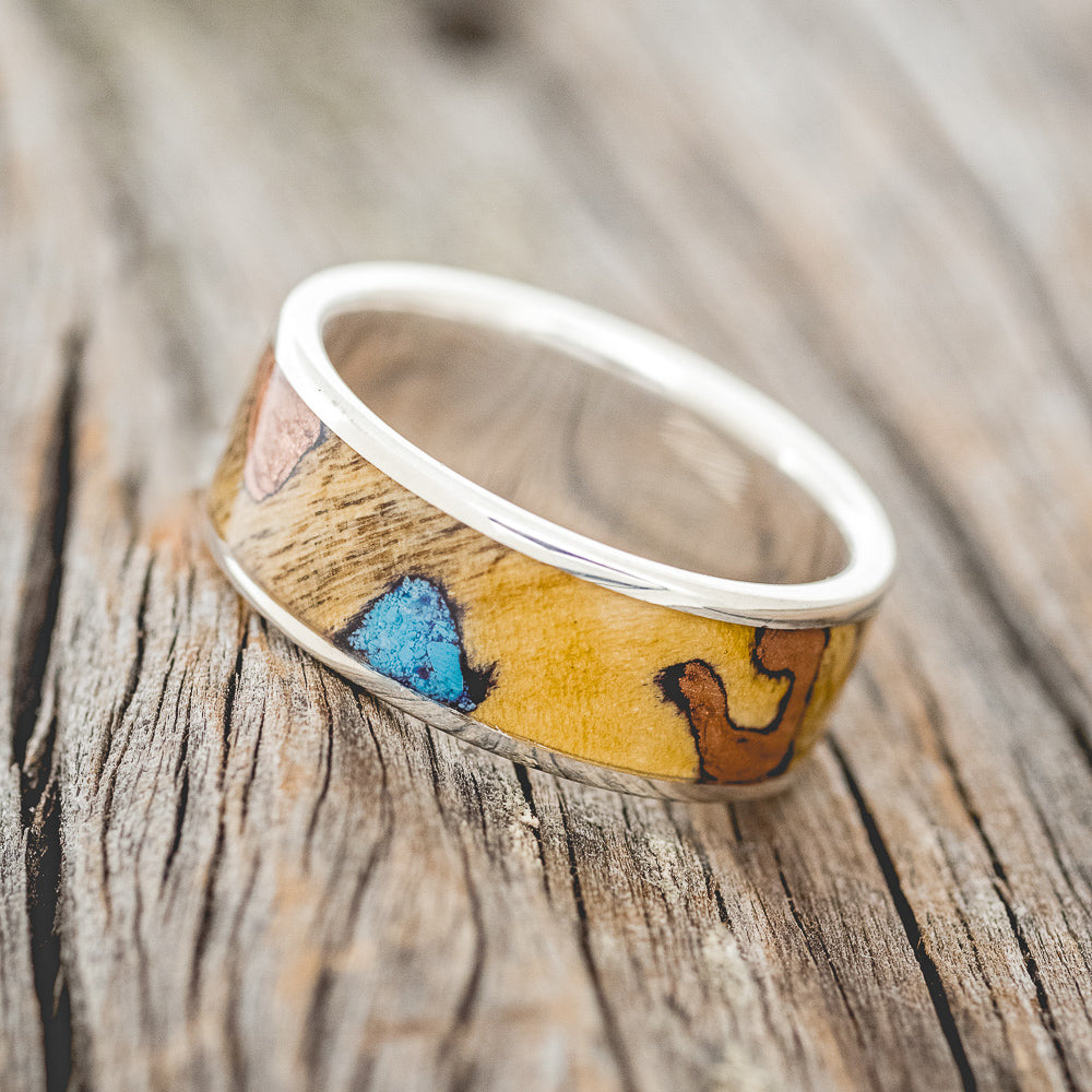 "RAINIER" - BUCKEYE BURL WOOD, COPPER & TURQUOISE WEDDING BAND-7