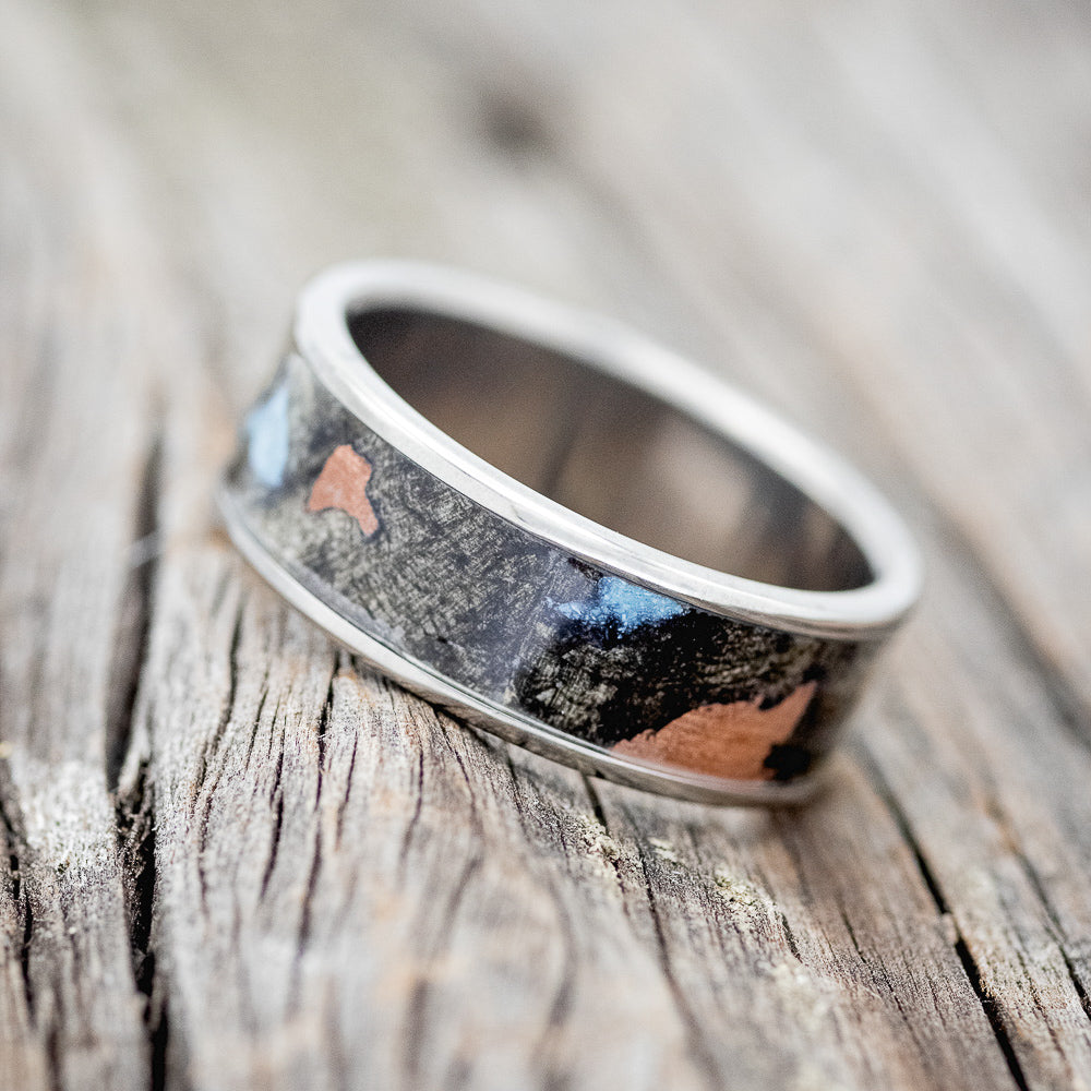"RAINIER" - BUCKEYE BURL WOOD, COPPER & TURQUOISE WEDDING BAND - READY TO SHIP-3