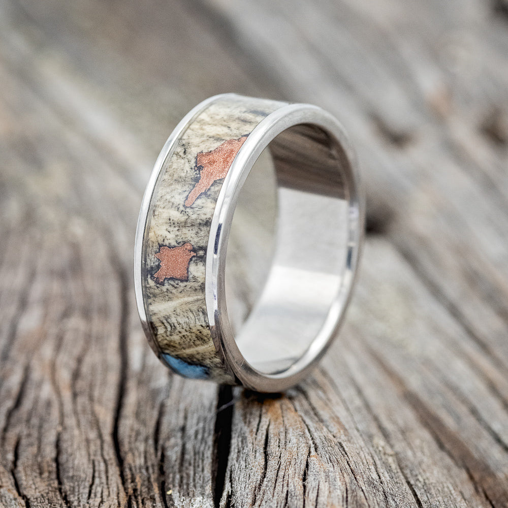 "RAINIER" - BUCKEYE BURL WOOD, COPPER & TURQUOISE WEDDING BAND-2