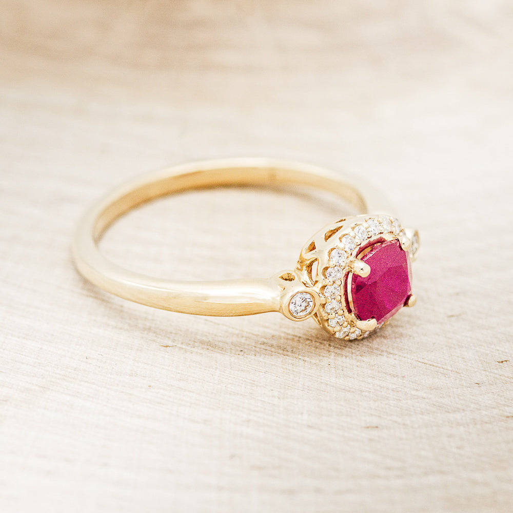 "CYRA" - CUSHION CUT LAB-GROWN RUBY ENGAGEMENT RING WITH DIAMOND HALO & ACCENTS-2