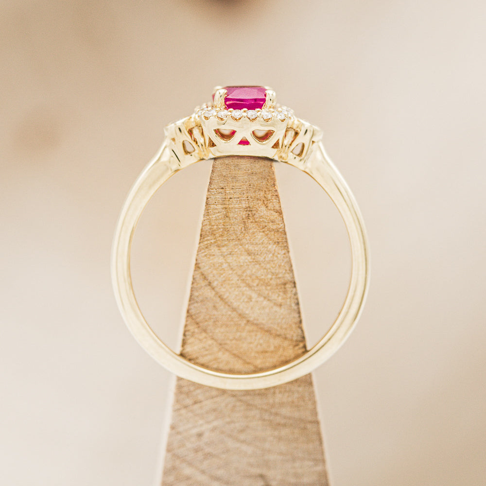 "CYRA" - CUSHION CUT LAB-GROWN RUBY ENGAGEMENT RING WITH DIAMOND HALO & ACCENTS-6