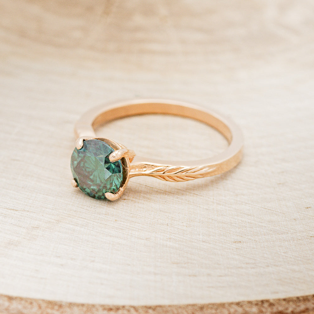 "HOPE" - SOLITAIRE ENGAGEMENT RING WITH FEATHER ACCENTS - SHOWN WITH ROUND MEDEINA GREEN MOISSANITE - SELECT YOUR OWN STONE-9