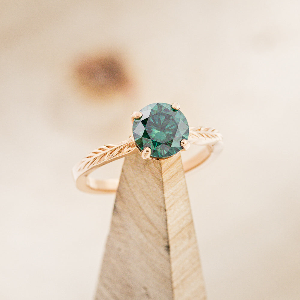 "HOPE" - SOLITAIRE ENGAGEMENT RING WITH FEATHER ACCENTS - SHOWN WITH ROUND MEDEINA GREEN MOISSANITE - SELECT YOUR OWN STONE-2