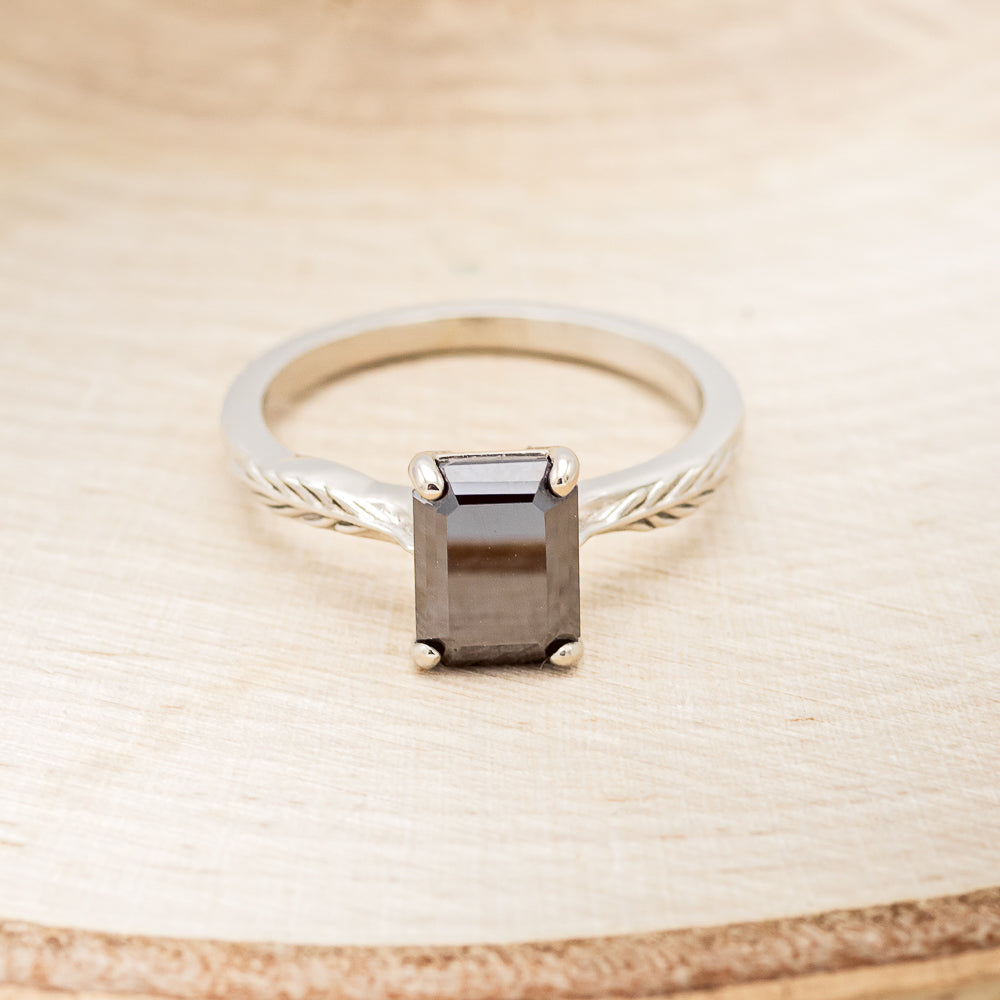 "HOPE" - EMERALD CUT MIDNIGHT BLACK MOISSANITE SOLITAIRE ENGAGEMENT RING WITH FEATHER ACCENTS-4