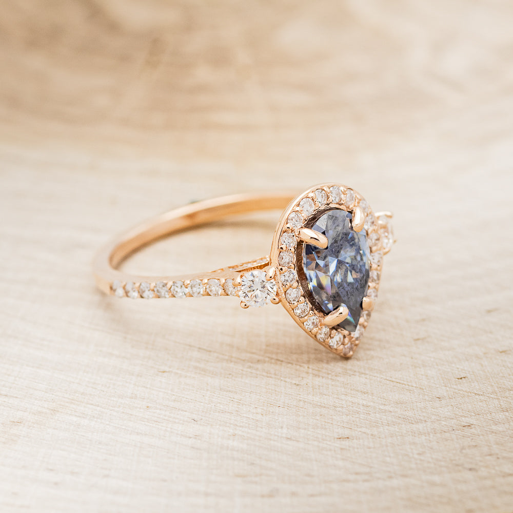 "KB" - PEAR-SHAPED ICY BLUE MOISSANITE ENGAGEMENT RING WITH DIAMOND HALO & ACCENTS-2