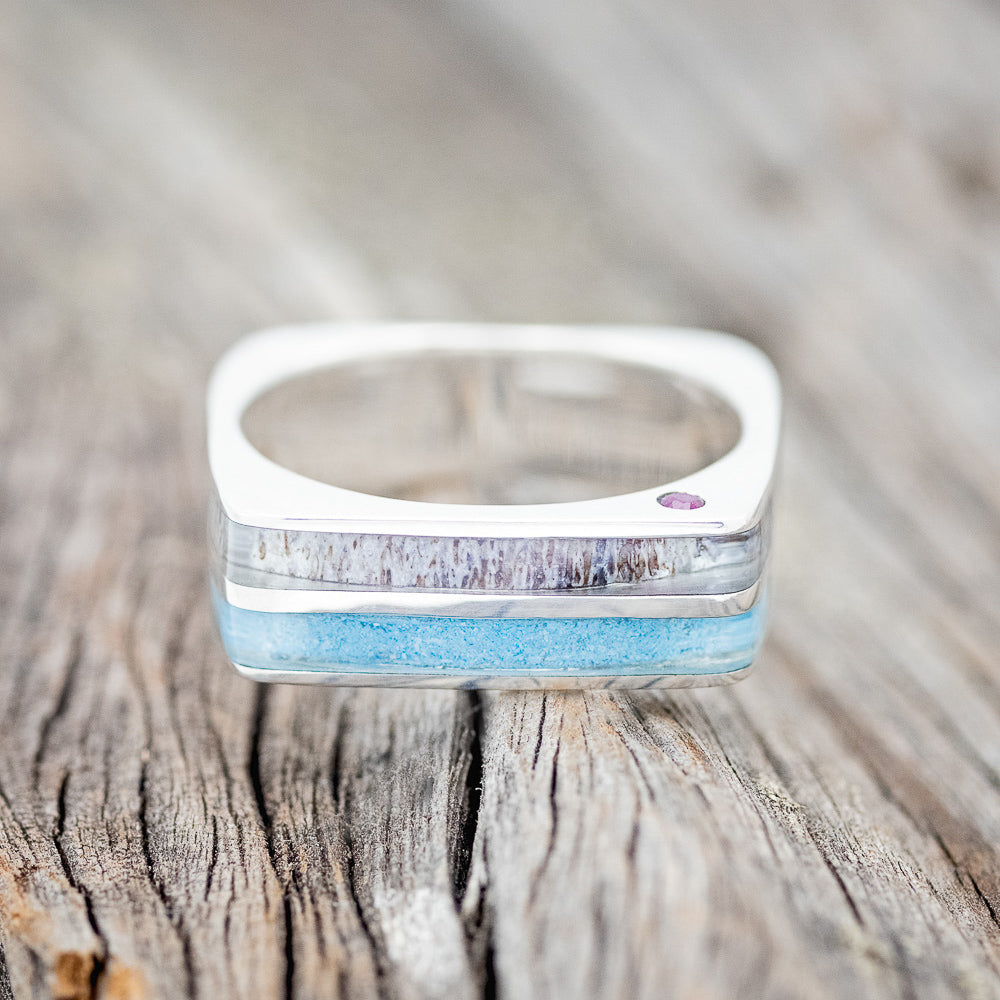 "VEGA" - FLAT TOP WEDDING BAND WITH TURQUOISE, ANTLER INLAYS & SIDE SET RUBIES-3