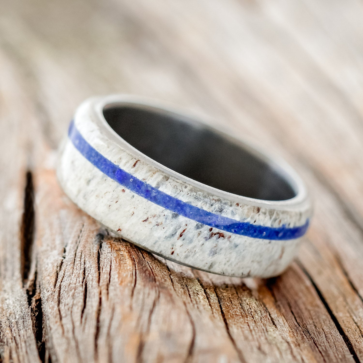 "REMMY" - LAPIS LAZULI & ANTLER WEDDING RING - BLACK ZIRCONIUM - SIZE 9 3/4-2