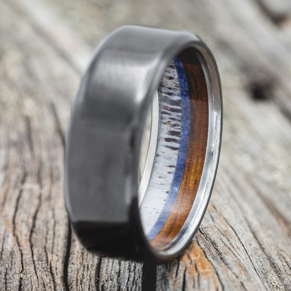 "ARGOS" - ANTLER, WHISKEY BARREL OAK & LAPIS LAZULI WEDDING RING-2