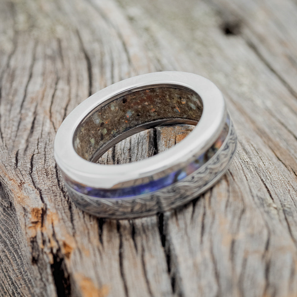 "TRITON" - WAVE ENGRAVED WEDDING BAND WITH PAUA SHELL & SAND LINING-6