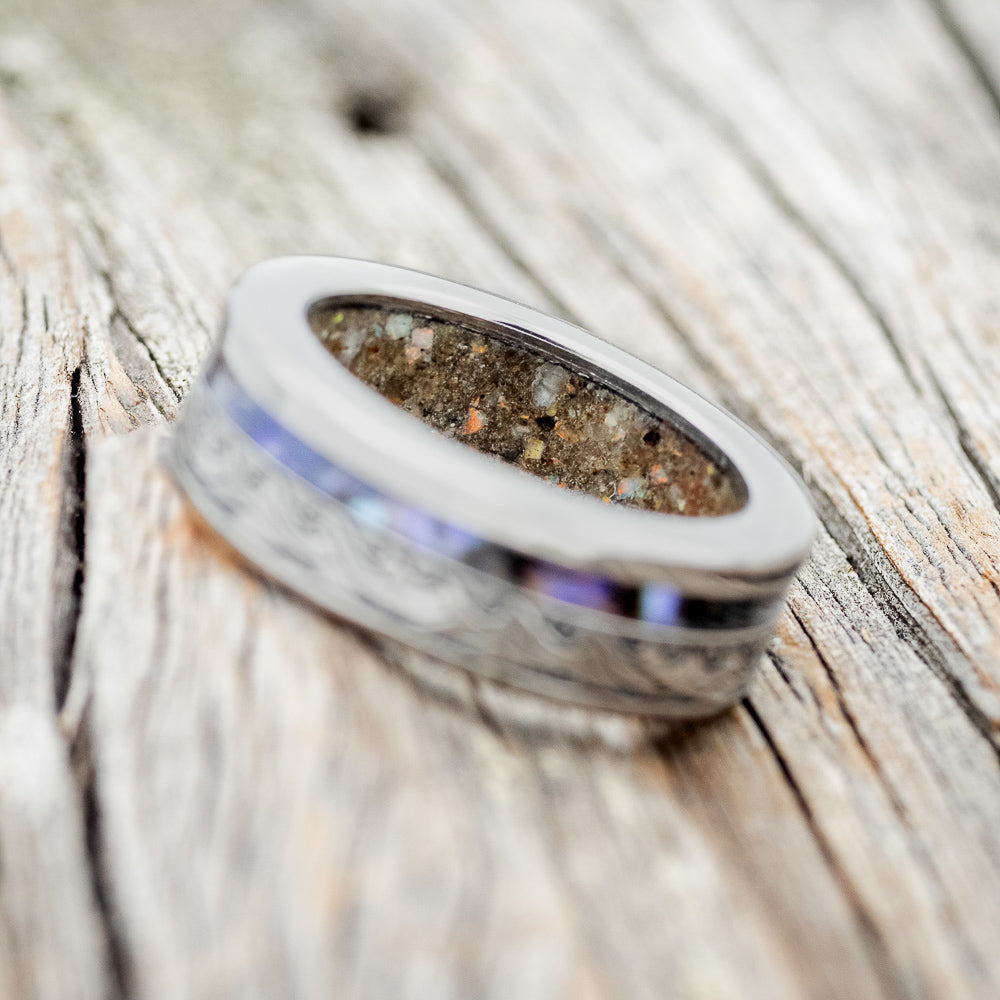 "TRITON" - WAVE ENGRAVED WEDDING BAND WITH PAUA SHELL & SAND LINING-4