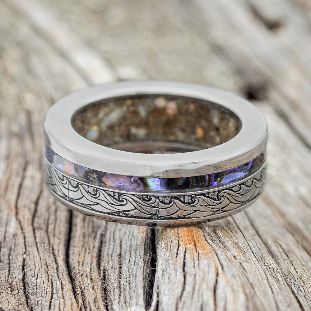 "TRITON" - WAVE ENGRAVED WEDDING BAND WITH PAUA SHELL & SAND LINING-7